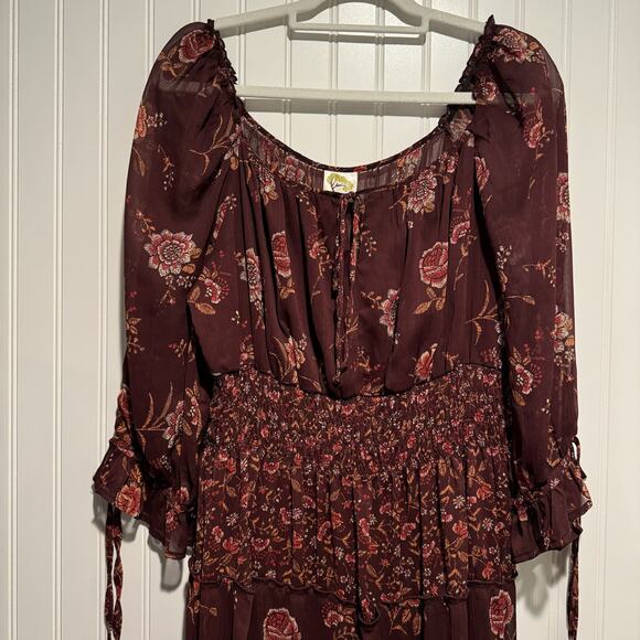 Fig Flower Maroon Floral Tiered Peasant Dress Midi Length Size XL - Picture 2 of 7